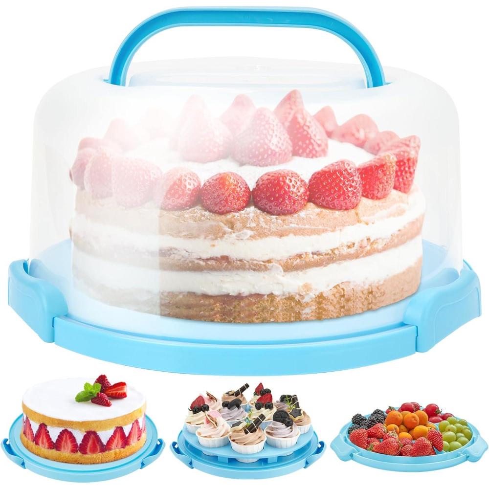 imageOhuhu Cake Carrier with Lid and Handle BPAFree Cake Containers Cake Holder for 10 inch Cake with 2 Handles Cupcake Carrier Plastic Cover Two Sided Base for Transport Pie Nuts Fruit Perfect GiftsBlue