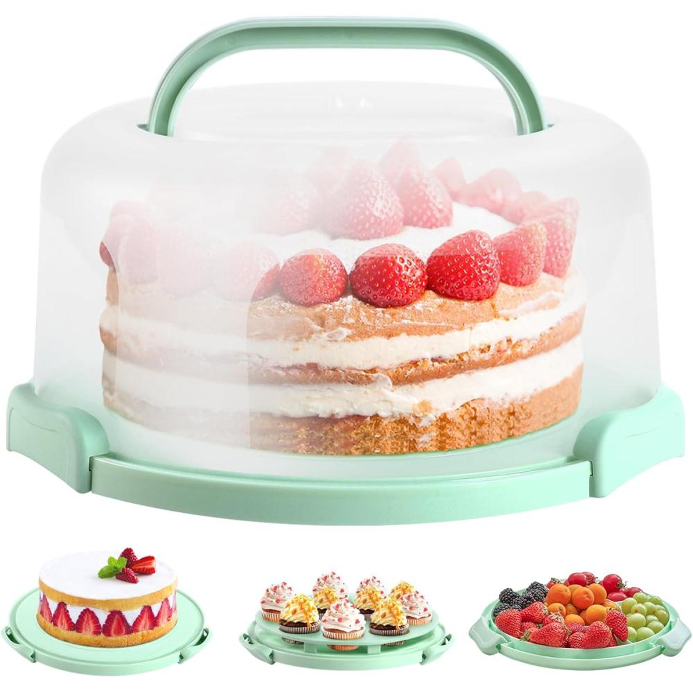 imageOhuhu Cake Carrier with Lid and Handle BPAFree Cake Containers Cake Holder for 10 inch Cake with 2 Handles Cupcake Carrier Plastic Cover Two Sided Base for Transport Pie Nuts Fruit Perfect GiftsGreen