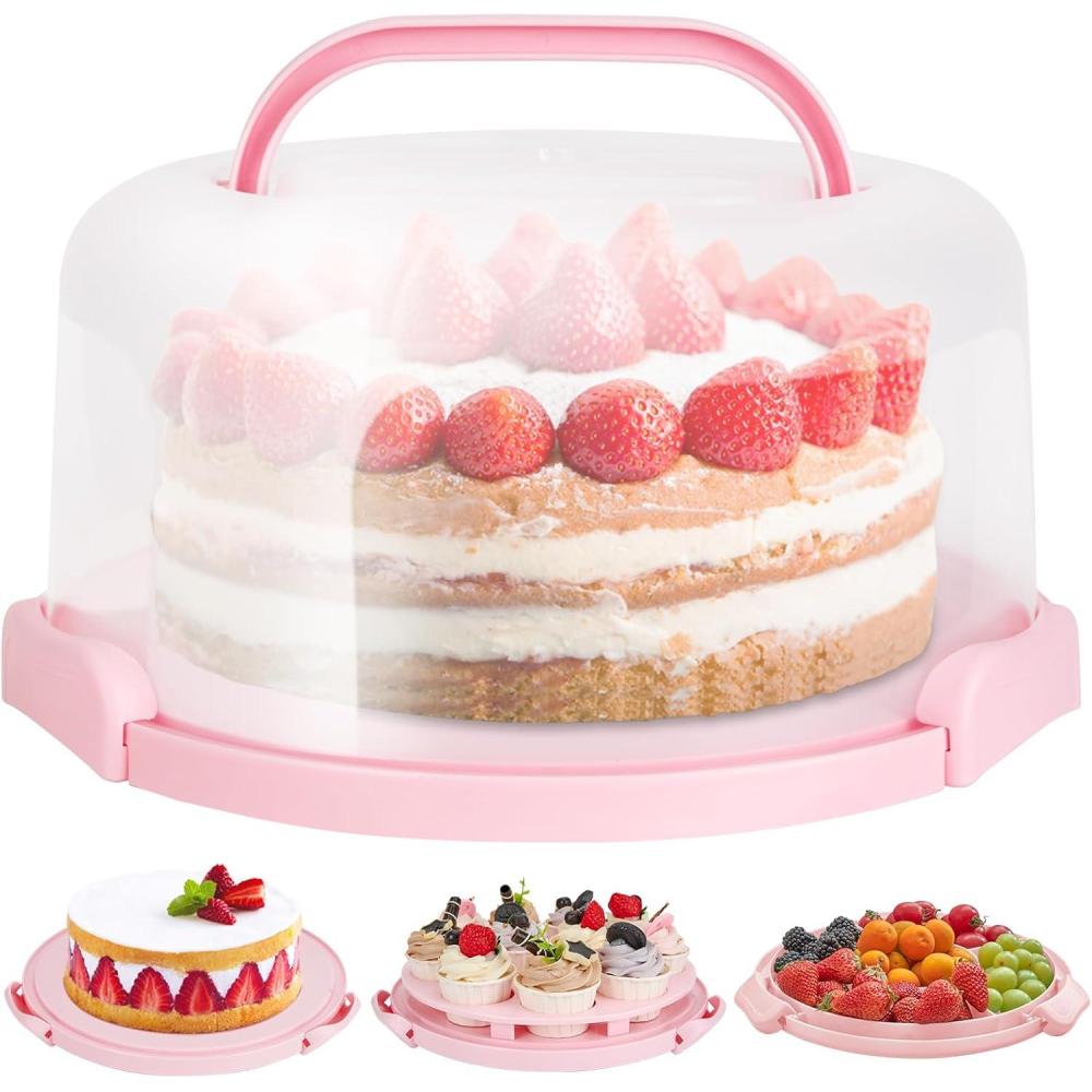 imageOhuhu Cake Carrier with Lid and Handle BPAFree Cake Containers Cake Holder for 10 inch Cake with 2 Handles Cupcake Carrier Plastic Cover Two Sided Base for Transport Pie Nuts Fruit Perfect GiftsPink
