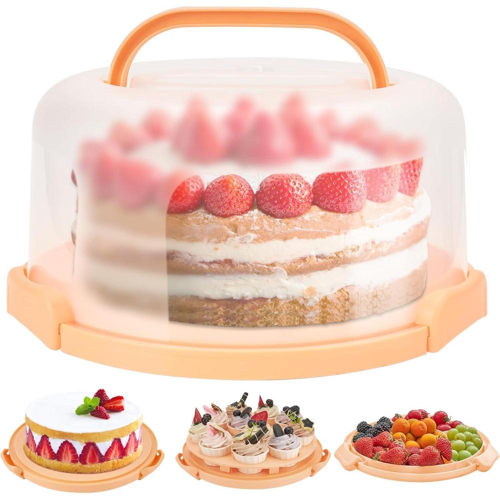 imageOhuhu Cake Carrier with Lid and Handle BPAFree Cake Containers Cake Holder for 10 inch Cake with 2 Handles Cupcake Carrier Plastic Cover Two Sided Base for Transport Pie Nuts Fruit Perfect GiftsPeach