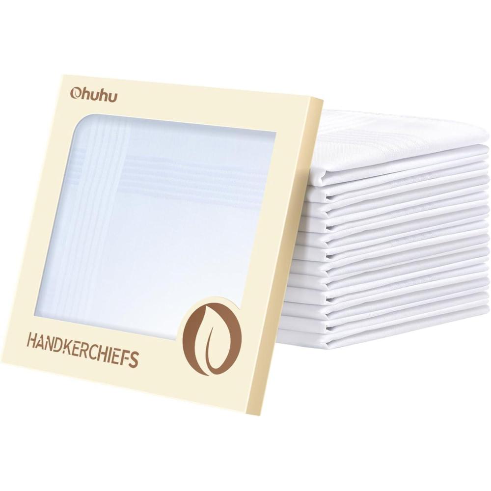 imageOhuhu Handkerchiefs for Men 100 Soft Cotton Hankerchief Machine Wash White Pocket Square for Suit 16 x 16 Mens Hankie12