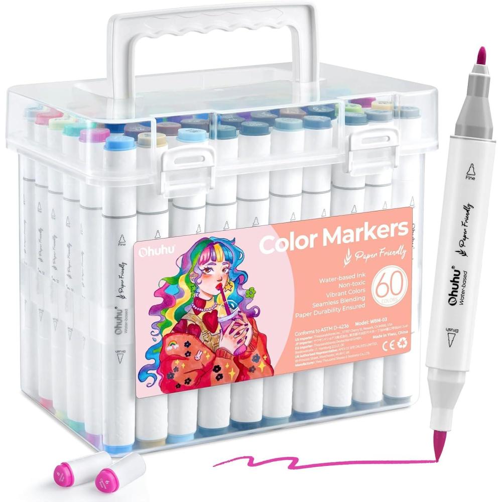 imageOhuhu Markers Paperfriendly No Peeling Waterbased 60 Colors Dual Brush Fine Tips Coloring Markers for Adult Coloring Books No Bleeding Drawing Pens for Kids Adults Beginner Calligraphy