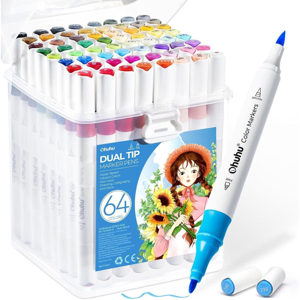 imageOhuhu Markers for Adult Coloring Books No Bleeding 64 Colors Waterbased Coloring Markers Dual Tips Drawing Pens for Kids Adults Beginners Lettering Journaling Brush amp FineBrush  Fine