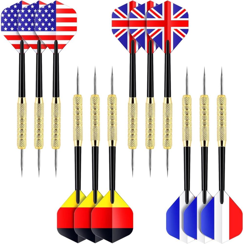 imageOhuhu Steel Tip Darts Professional Metal Darts with National Flag Flights 4 Styles  Dart Metal Tip Set 12 Pcs Metal Dart Darts for Dartboard with 3 Free PVC Dart Rods