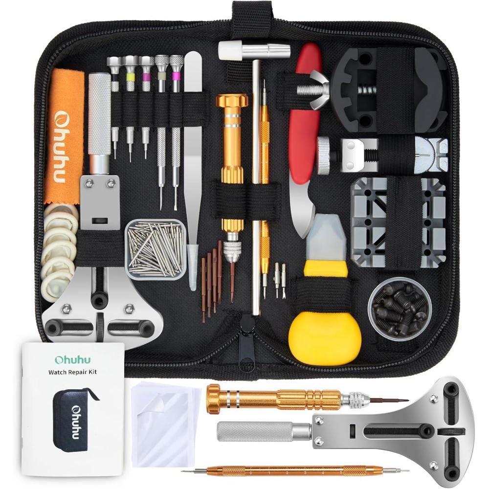 imageOhuhu Watch Battery Replacement Tool Kit Upgraded Watch Repair Kit Watch Back Remover Opener Tool Case Opener Removal with Extra Screwdriver Back Protective Films Sealing Rings192 Pcs