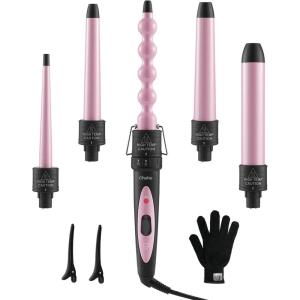 5 in 1 Curling Wand Set: Ohuhu Curling Iron Wand 5Pcs 0.35 to 1.25 Inch Interchangeable Ceramic Barrel Heat Protective Glove 2 Clips Dual Voltage Hair Curler for Girl Women Mother Christmas Gift Black(Pink)