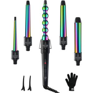 5 in 1 Curling Wand Set: Ohuhu Curling Iron Wand 5Pcs 0.35 to 1.25 Inch Interchangeable Ceramic Barrel Heat Protective Glove 2 Clips Dual Voltage Hair Curler for Girl Women Mother Christmas Gift Black(Rainbow)