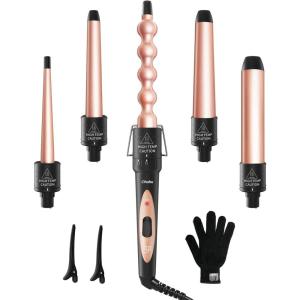 5 in 1 Curling Wand Set: Ohuhu Curling Iron Wand 5Pcs 0.35 to 1.25 Inch Interchangeable Ceramic Barrel Heat Protective Glove 2 Clips Dual Voltage Hair Curler for Girl Women Mother Christmas Gift Black(Gold)