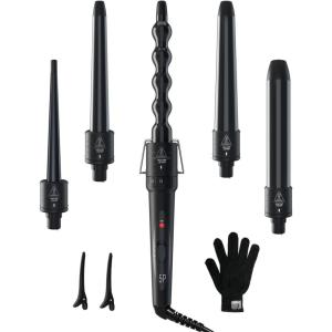 5 in 1 Curling Wand Set: Ohuhu Curling Iron Wand 5Pcs 0.35 to 1.25 Inch Interchangeable Ceramic Barrel Heat Protective Glove 2 Clips Dual Voltage Hair Curler for Girl Women Mother Christmas Gift Black(Black)