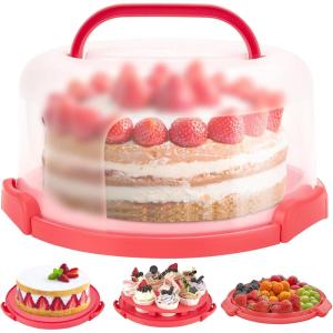 Ohuhu Cake Carrier with Lid and Handle, BPA-Free Cake Containers Cake Holder for 10 inch Cake with 2 Handles Cupcake Carrier – Plastic Cover Two Sided Base for Transport Pie Nuts Fruit Perfect Gifts(Red)