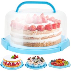 Ohuhu Cake Carrier with Lid and Handle, BPA-Free Cake Containers Cake Holder for 10 inch Cake with 2 Handles Cupcake Carrier – Plastic Cover Two Sided Base for Transport Pie Nuts Fruit Perfect Gifts(Blue)