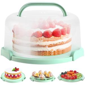 Ohuhu Cake Carrier with Lid and Handle, BPA-Free Cake Containers Cake Holder for 10 inch Cake with 2 Handles Cupcake Carrier – Plastic Cover Two Sided Base for Transport Pie Nuts Fruit Perfect Gifts(Green)