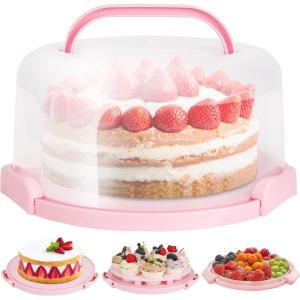 Ohuhu Cake Carrier with Lid and Handle, BPA-Free Cake Containers Cake Holder for 10 inch Cake with 2 Handles Cupcake Carrier – Plastic Cover Two Sided Base for Transport Pie Nuts Fruit Perfect Gifts(Pink)
