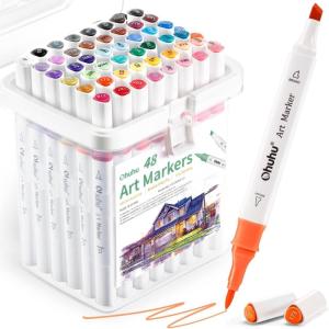Ohuhu Markers: 48-Color Double Tipped Brush & Chisel Alcohol Markers for Adults Coloring Illustration, Alcohol-based Art Marker Set with Unique Designed Grip, Great Value Pack for Beginners(Landscape Tones)