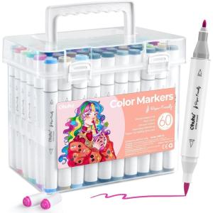 Ohuhu Markers Paper-friendly No Peeling Water-based 60 Colors Dual Brush Fine Tips Coloring Markers for Adult Coloring Books No Bleeding Drawing Pens for Kids Adults Beginner Calligraphy