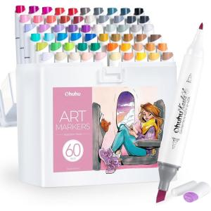 Ohuhu Alcohol Markers – Double Tipped Art Marker Set for Artists Adult Coloring – Alcohol-based Refillable Ink – 24 Basic Colors – Slim Broad & Fine Dual Tips – Kaala Markers Pen Gift(60 Illustration Colors)