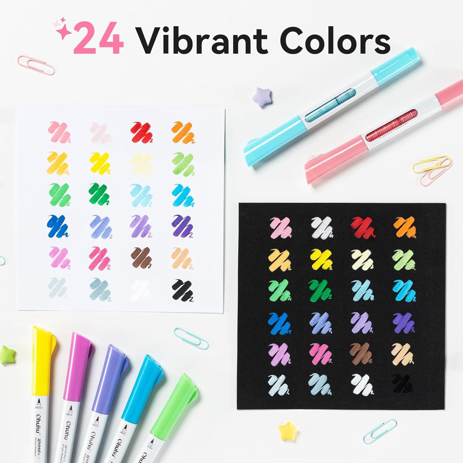 imageOhuhu Acrylic Paint Markers Dual Tips 24 Colors Brush amp Bullet Automatic Ink Control Acrylic Markers High Opacity Paint Pens Waterproof for Rock Painting 3D Prints Egg Wood DIY Craft  Waimoku