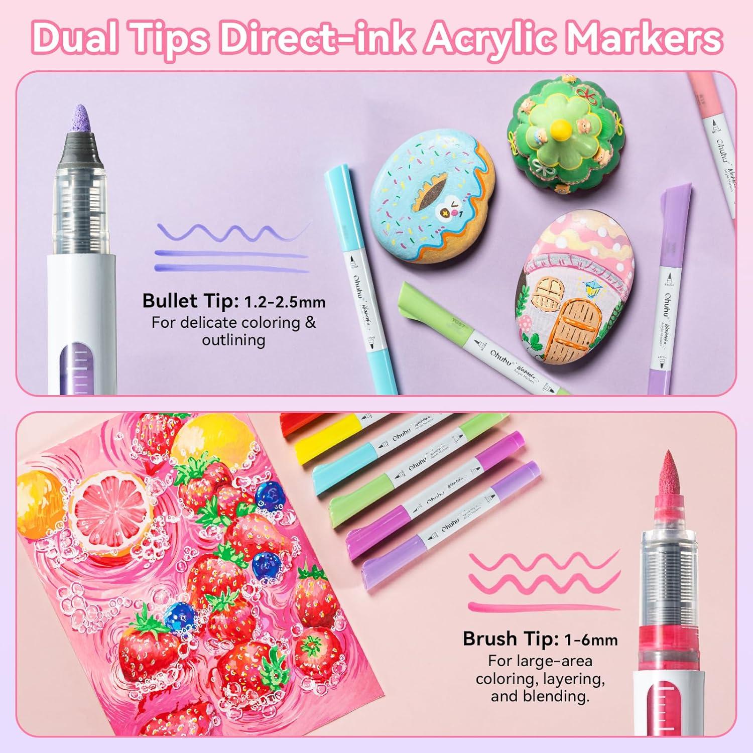 imageOhuhu Acrylic Paint Markers Dual Tips 24 Colors Brush amp Bullet Automatic Ink Control Acrylic Markers High Opacity Paint Pens Waterproof for Rock Painting 3D Prints Egg Wood DIY Craft  Waimoku