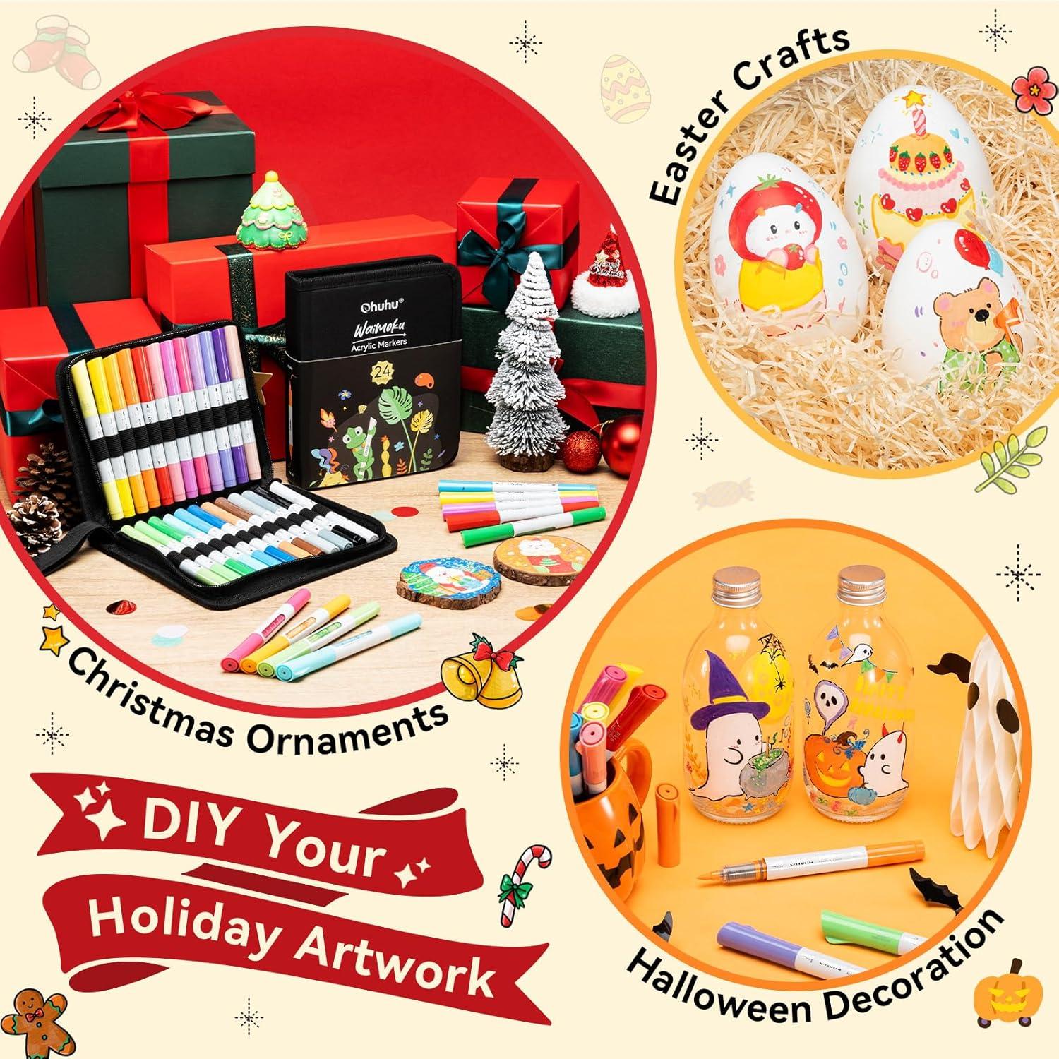 imageOhuhu Acrylic Paint Markers Dual Tips 24 Colors Brush amp Bullet Automatic Ink Control Acrylic Markers High Opacity Paint Pens Waterproof for Rock Painting 3D Prints Egg Wood DIY Craft  Waimoku