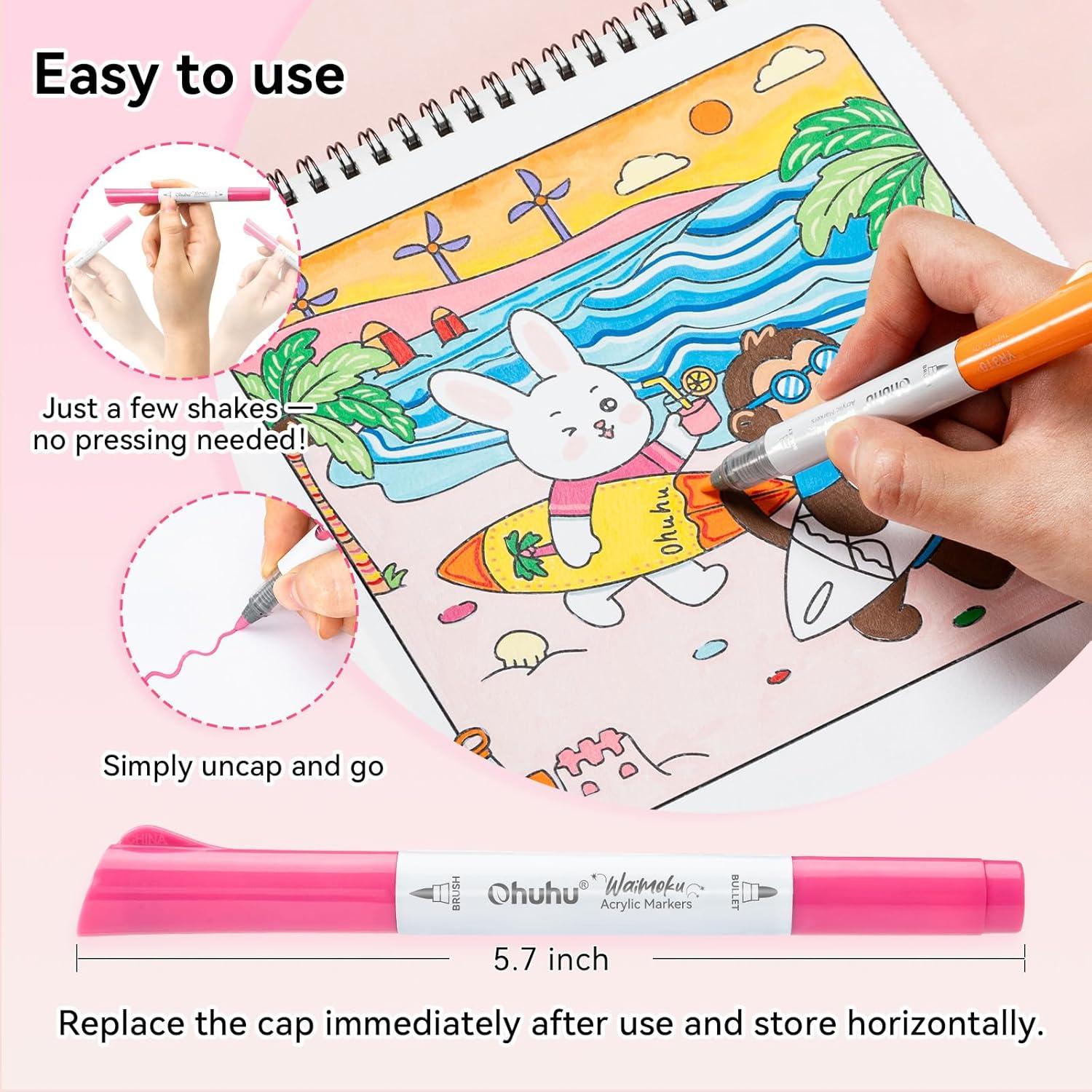 imageOhuhu Acrylic Paint Markers Dual Tips 24 Colors Brush amp Bullet Automatic Ink Control Acrylic Markers High Opacity Paint Pens Waterproof for Rock Painting 3D Prints Egg Wood DIY Craft  Waimoku