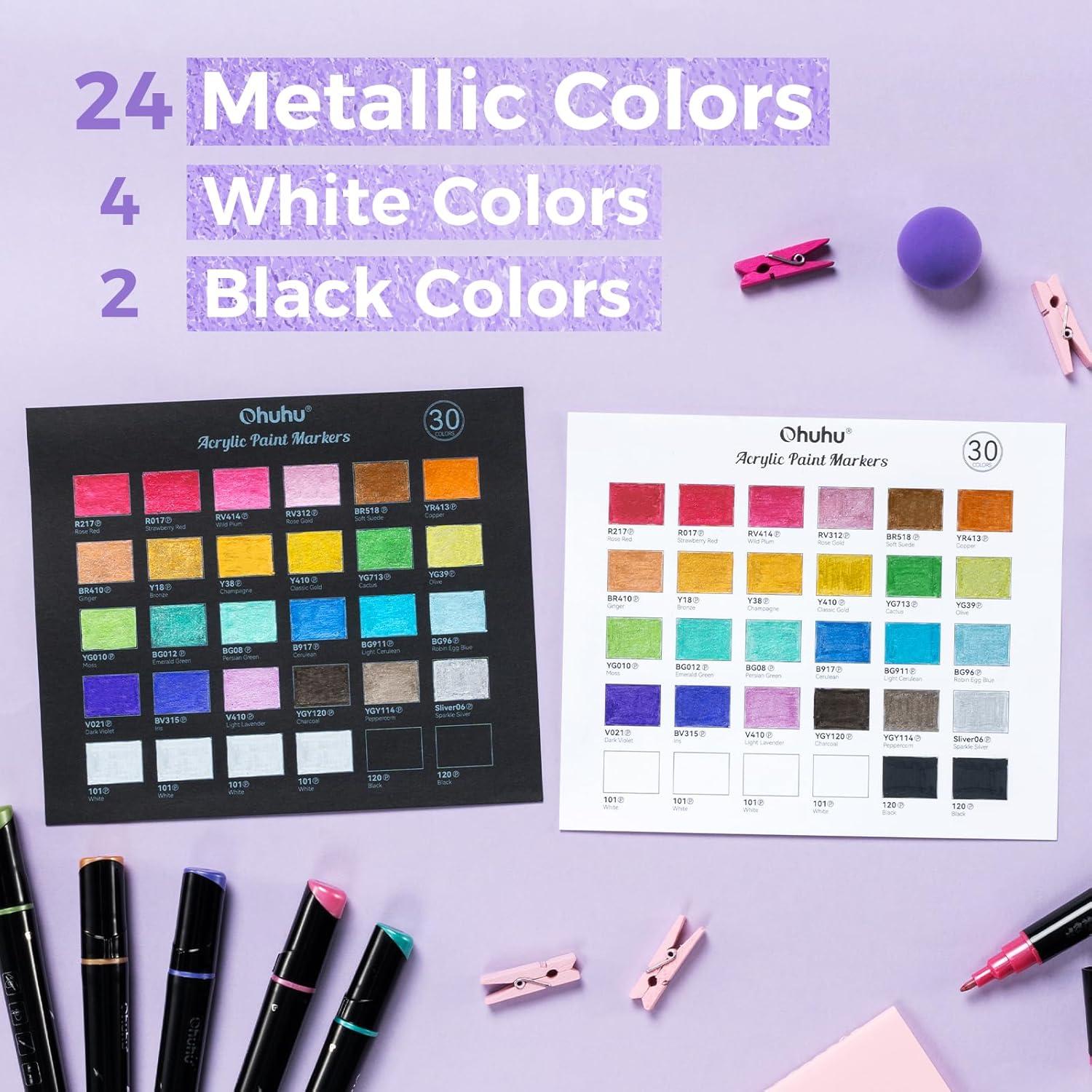 imageOhuhu Acrylic Paint Pens 30 Colors Dual Tips Round amp Fine Acrylic Markers High Opacity Paint Markers Waterproof Lightfast for Rock Painting Easter Eggs Wood Glass Ceramic Canvas Kakaako30 Pens 24 Metallic 4 White 2 Black