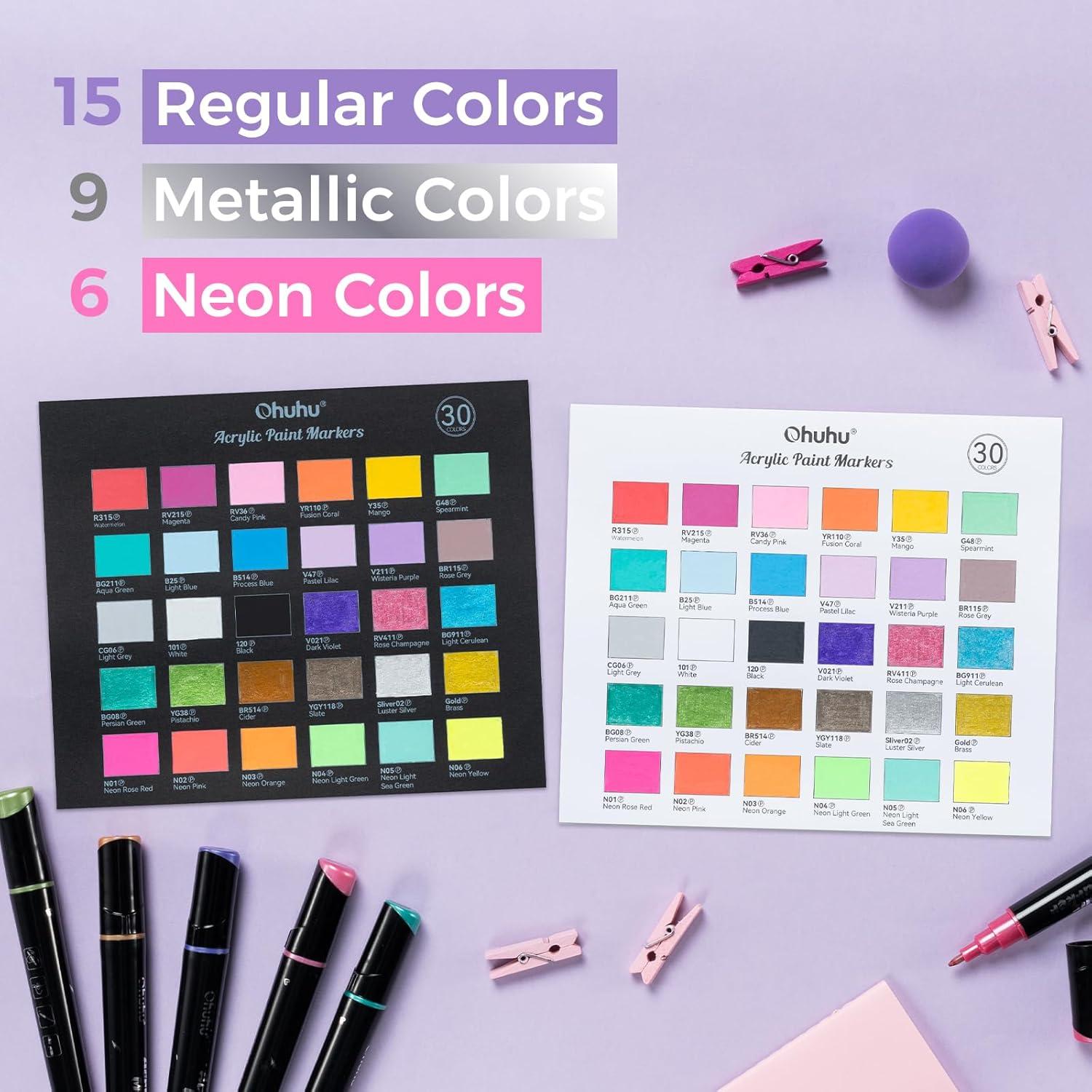 imageOhuhu Acrylic Paint Pens 30 Colors Dual Tips Round amp Fine Acrylic Markers High Opacity Paint Markers Waterproof Lightfast for Rock Painting Easter Eggs Wood Glass Ceramic Canvas  Kakaako30 Pens 15 Regular  9 Metallic  6 Neon Colors