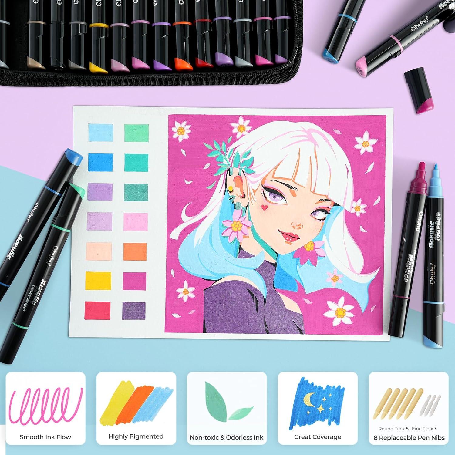 imageOhuhu Acrylic Paint Pens 30 Colors Dual Tips Round amp Fine Acrylic Markers High Opacity Paint Markers Waterproof Lightfast for Rock Painting Easter Eggs Wood Glass Ceramic Canvas  Kakaako30 Pens 15 Regular  9 Metallic  6 Neon Colors