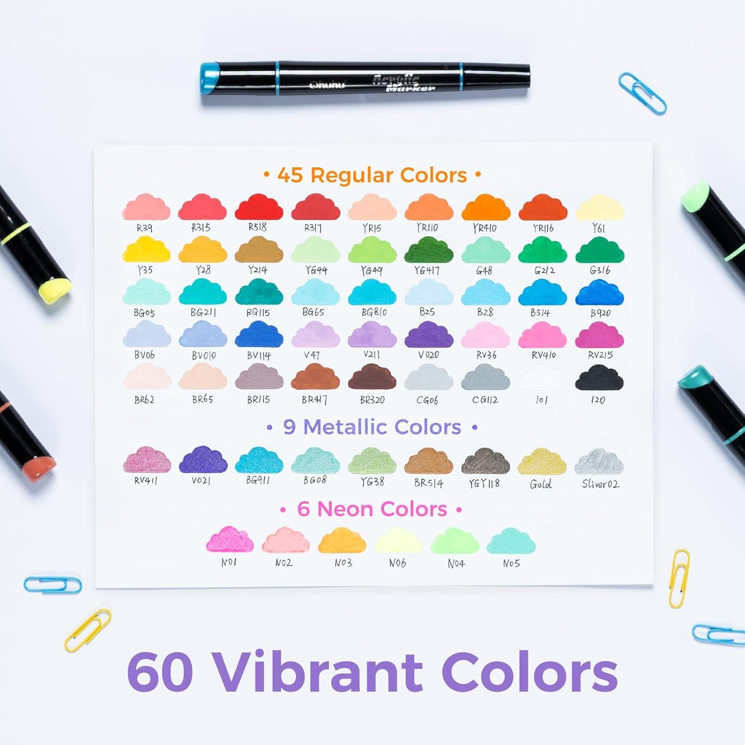 imageOhuhu Acrylic Paint Pens 30 Colors Dual Tips Round amp Fine Acrylic Markers High Opacity Paint Markers Waterproof Lightfast for Rock Painting Easter Eggs Wood Glass Ceramic Canvas  Kakaako60 Pens 45 Regular  9 Metallic  6 Neon Colors