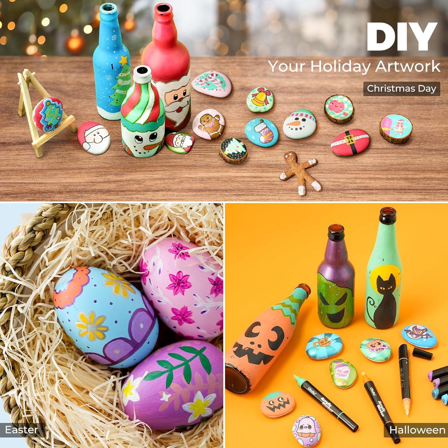 imageOhuhu Acrylic Paint Pens 30 Colors Dual Tips Round amp Fine Acrylic Markers High Opacity Paint Markers Waterproof Lightfast for Rock Painting Easter Eggs Wood Glass Ceramic Canvas  Kakaako30 Pens 15 Regular  9 Metallic  6 Neon Colors