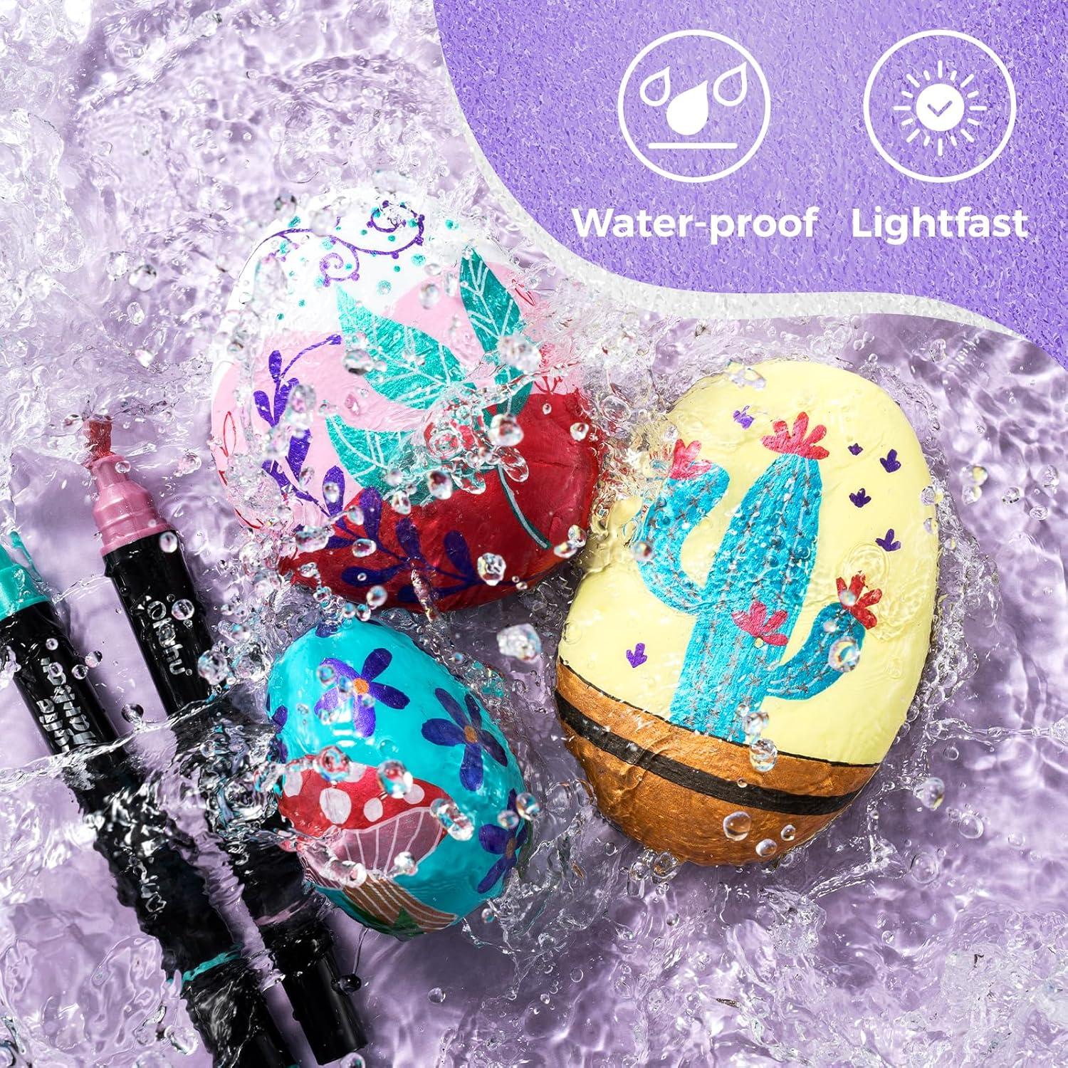 imageOhuhu Acrylic Paint Pens 30 Colors Dual Tips Round amp Fine Acrylic Markers High Opacity Paint Markers Waterproof Lightfast for Rock Painting Easter Eggs Wood Glass Ceramic Canvas  Kakaako60 Pens 45 Regular  9 Metallic  6 Neon Colors