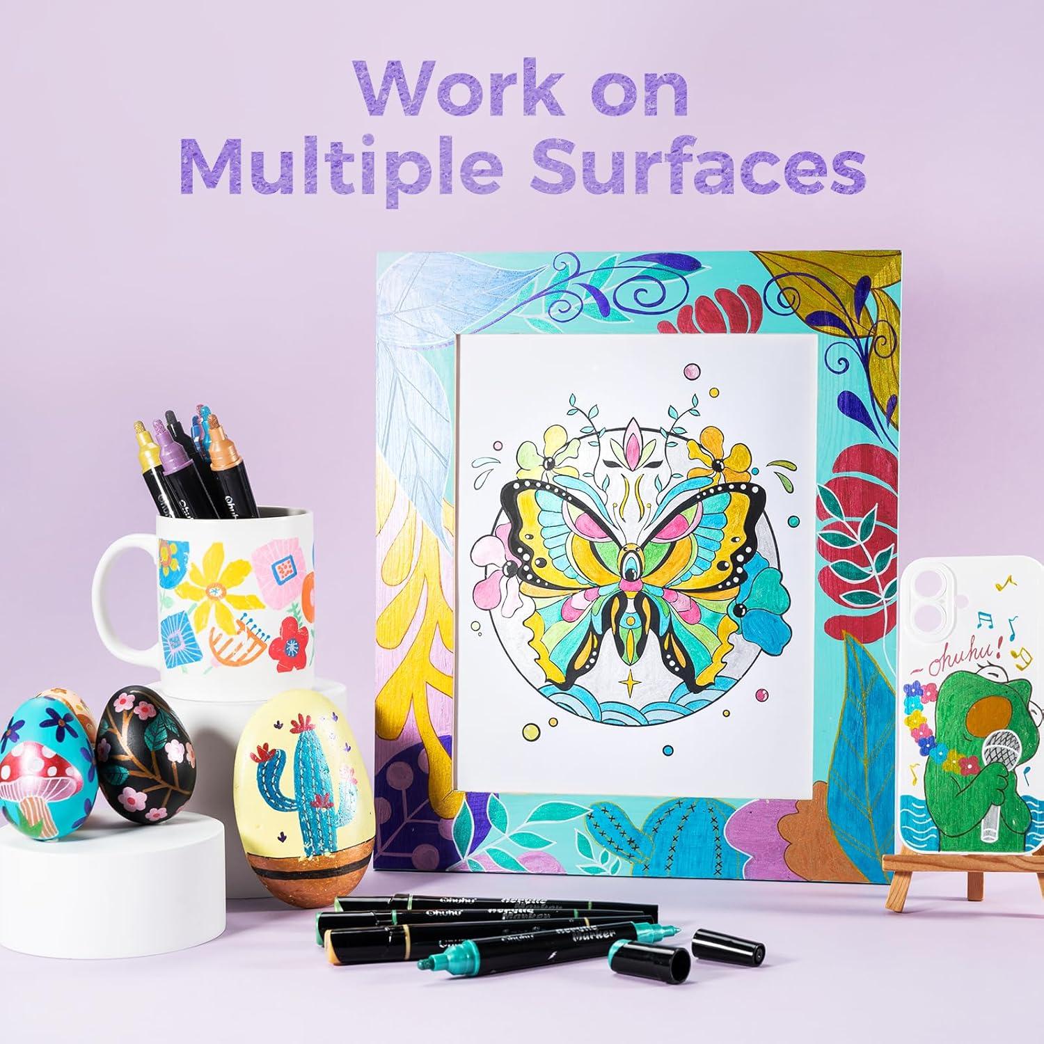 imageOhuhu Acrylic Paint Pens 30 Colors Dual Tips Round amp Fine Acrylic Markers High Opacity Paint Markers Waterproof Lightfast for Rock Painting Easter Eggs Wood Glass Ceramic Canvas Kakaako30 Pens 24 Metallic 4 White 2 Black