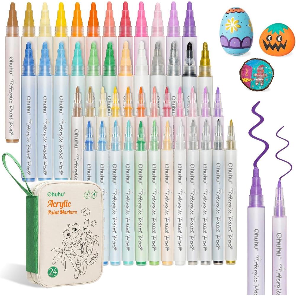 imageOhuhu Acrylic Paint Markers 48 Paint Pens Set of 24 Fine amp 24 Round Tip in Same Assorted Colors  Reversible Chisel amp Round  Good Coverage Acrylic Markers for Rock Painting Easter Egg Wood Plastic