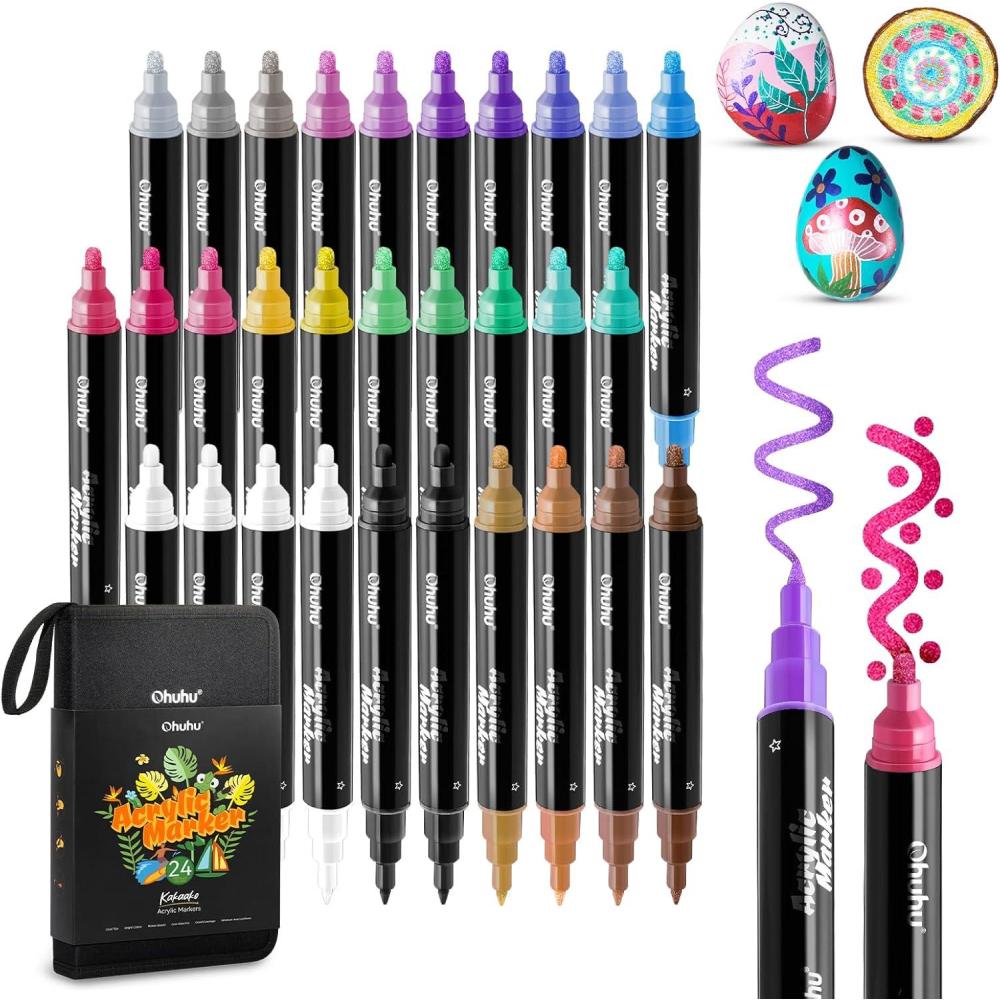 imageOhuhu Acrylic Paint Pens 30 Colors Dual Tips Round amp Fine Acrylic Markers High Opacity Paint Markers Waterproof Lightfast for Rock Painting Easter Eggs Wood Glass Ceramic Canvas  Kakaako30 Pens 24 Metallic  4 White  2 Black