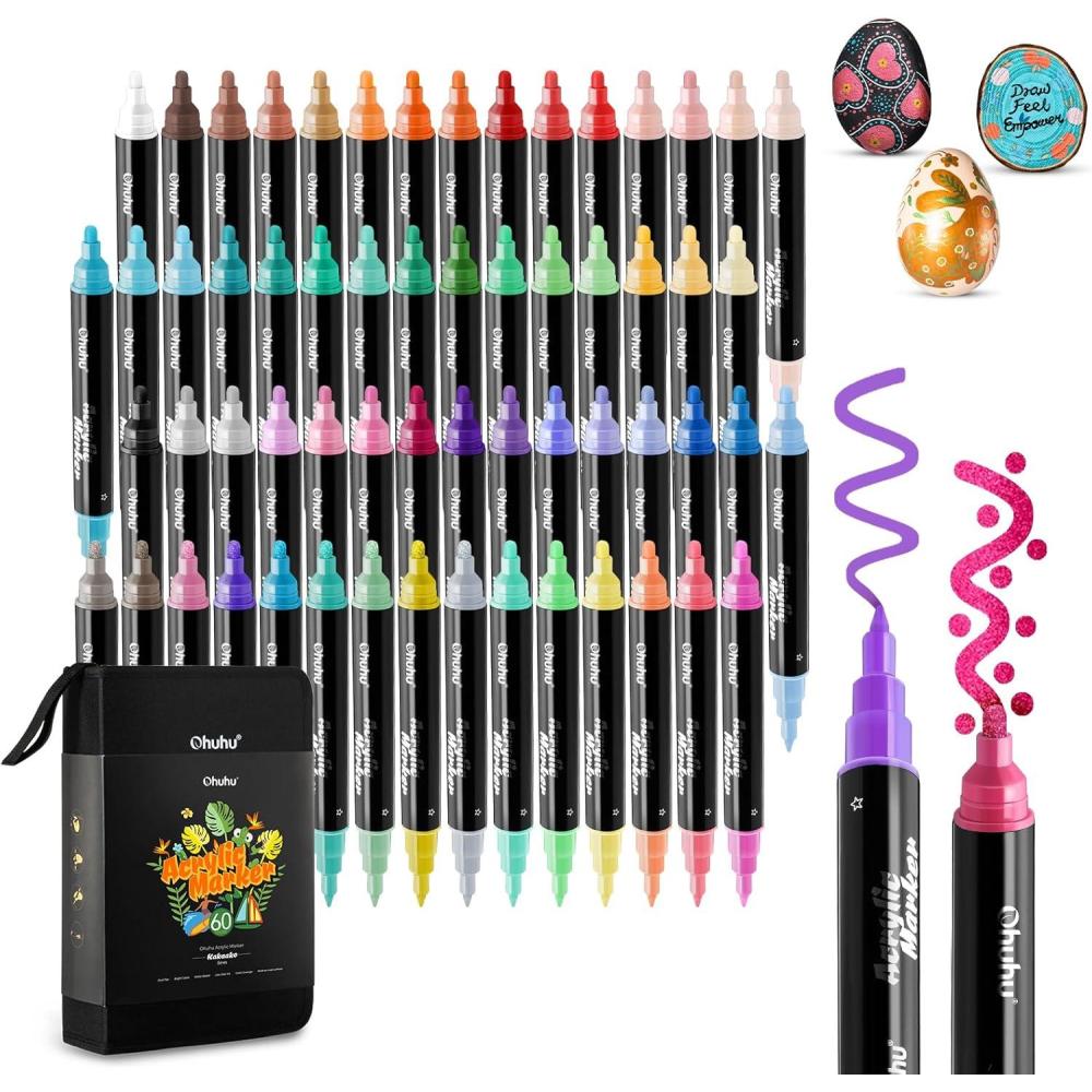 imageOhuhu Acrylic Paint Pens 30 Colors Dual Tips Round amp Fine Acrylic Markers High Opacity Paint Markers Waterproof Lightfast for Rock Painting Easter Eggs Wood Glass Ceramic Canvas  Kakaako60 Pens 45 Regular  9 Metallic  6 Neon Colors