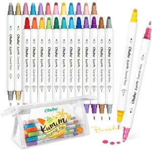 Ohuhu Journal Pens 24 Colors Dot Markers Dual Tips (Calligraphy Brush & Dot) for Adults Water-based Metallic & Regular Colors Dot Pens for Lettering Journal Scrapbooking Coloring Markers – Kumimi