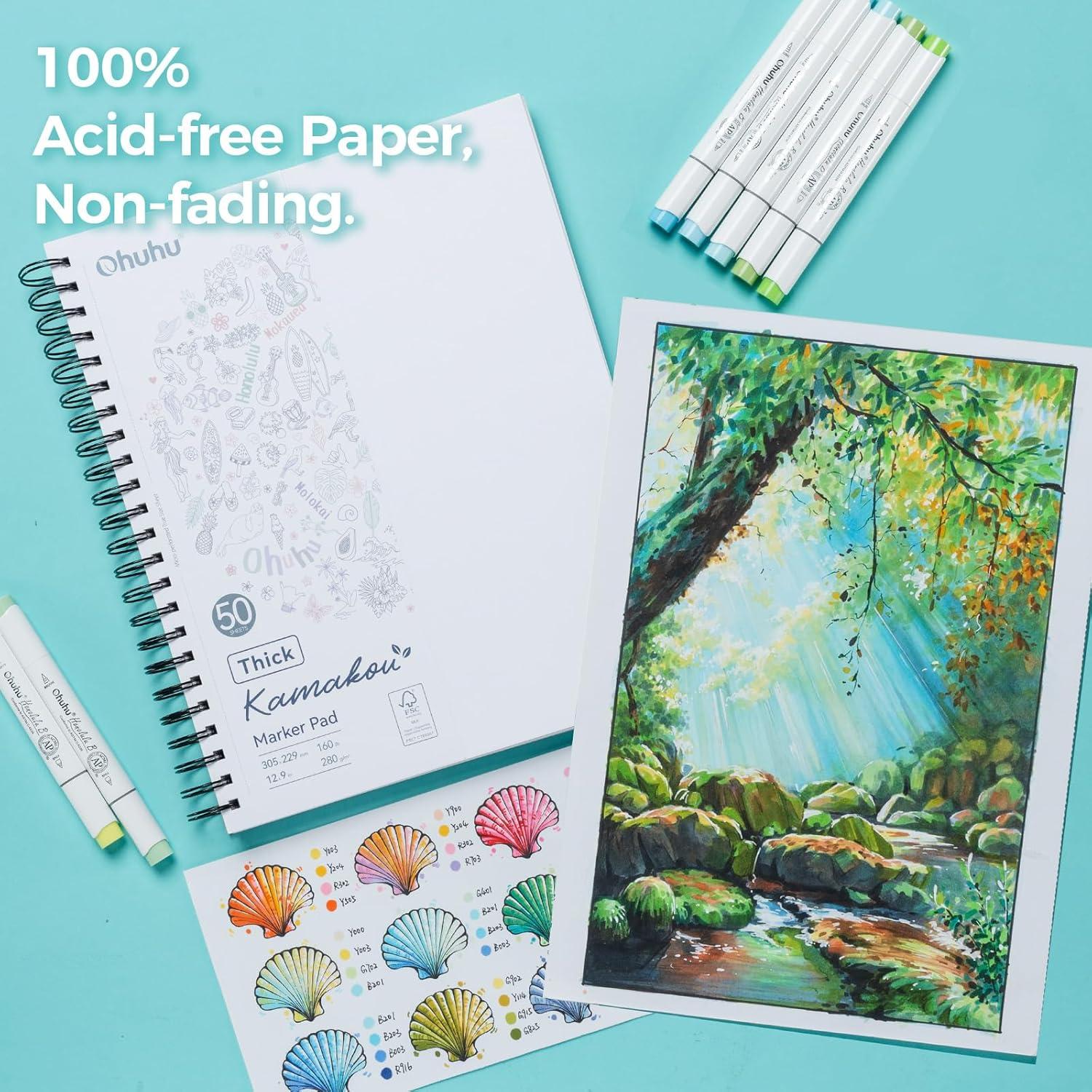 imageOhuhu DoubleSided Bleedproof Marker Pad 55x85 Small Paper Size 160 lb280 gsm Heavyweight Smooth Drawing Paper 50 Sheets100 Pages SpiralBound Sketchbook for Alcohol Markers9 x 12