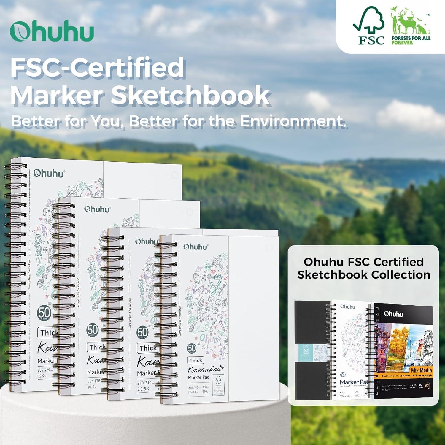 imageOhuhu DoubleSided Bleedproof Marker Pad 55x85 Small Paper Size 160 lb280 gsm Heavyweight Smooth Drawing Paper 50 Sheets100 Pages SpiralBound Sketchbook for Alcohol Markers9 x 12