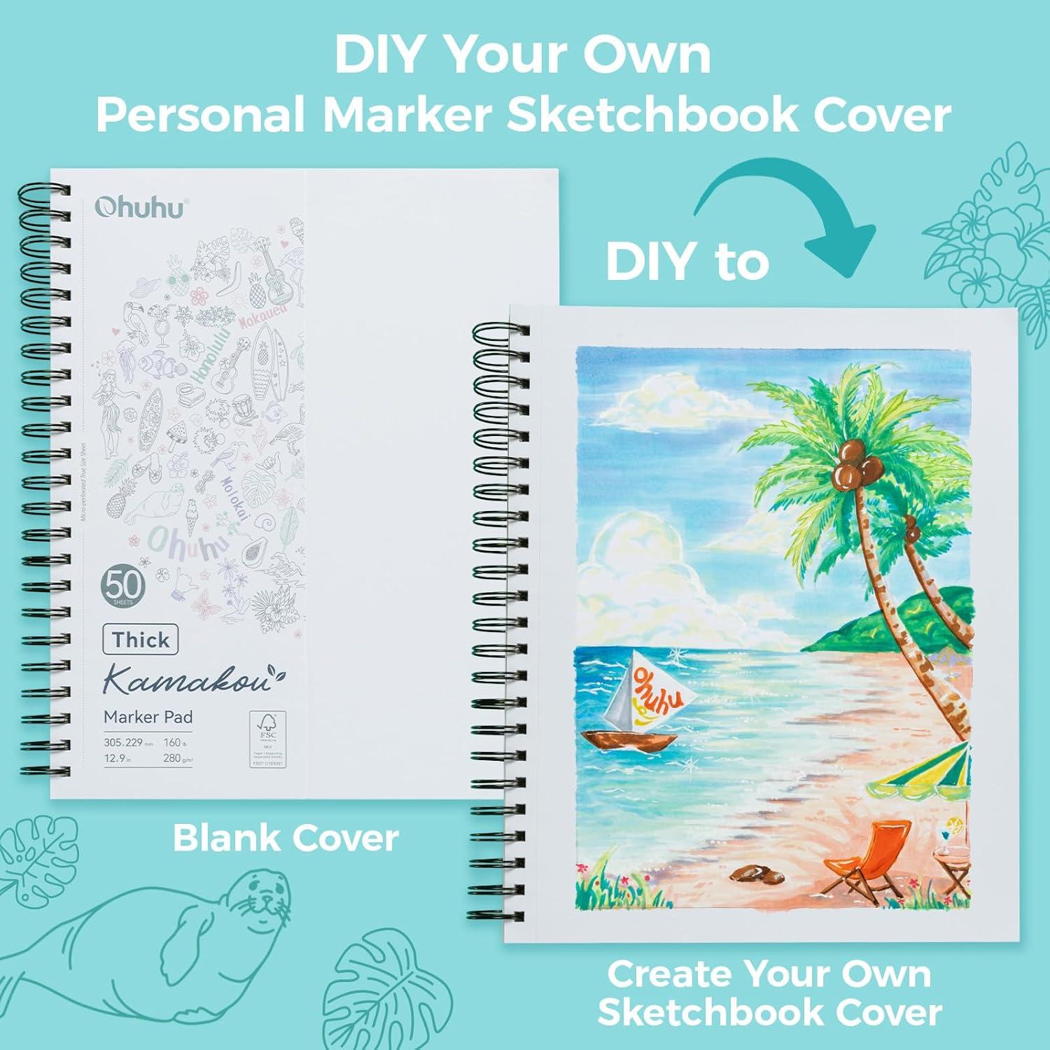 imageOhuhu DoubleSided Bleedproof Marker Pad 55x85 Small Paper Size 160 lb280 gsm Heavyweight Smooth Drawing Paper 50 Sheets100 Pages SpiralBound Sketchbook for Alcohol Markers9 x 12