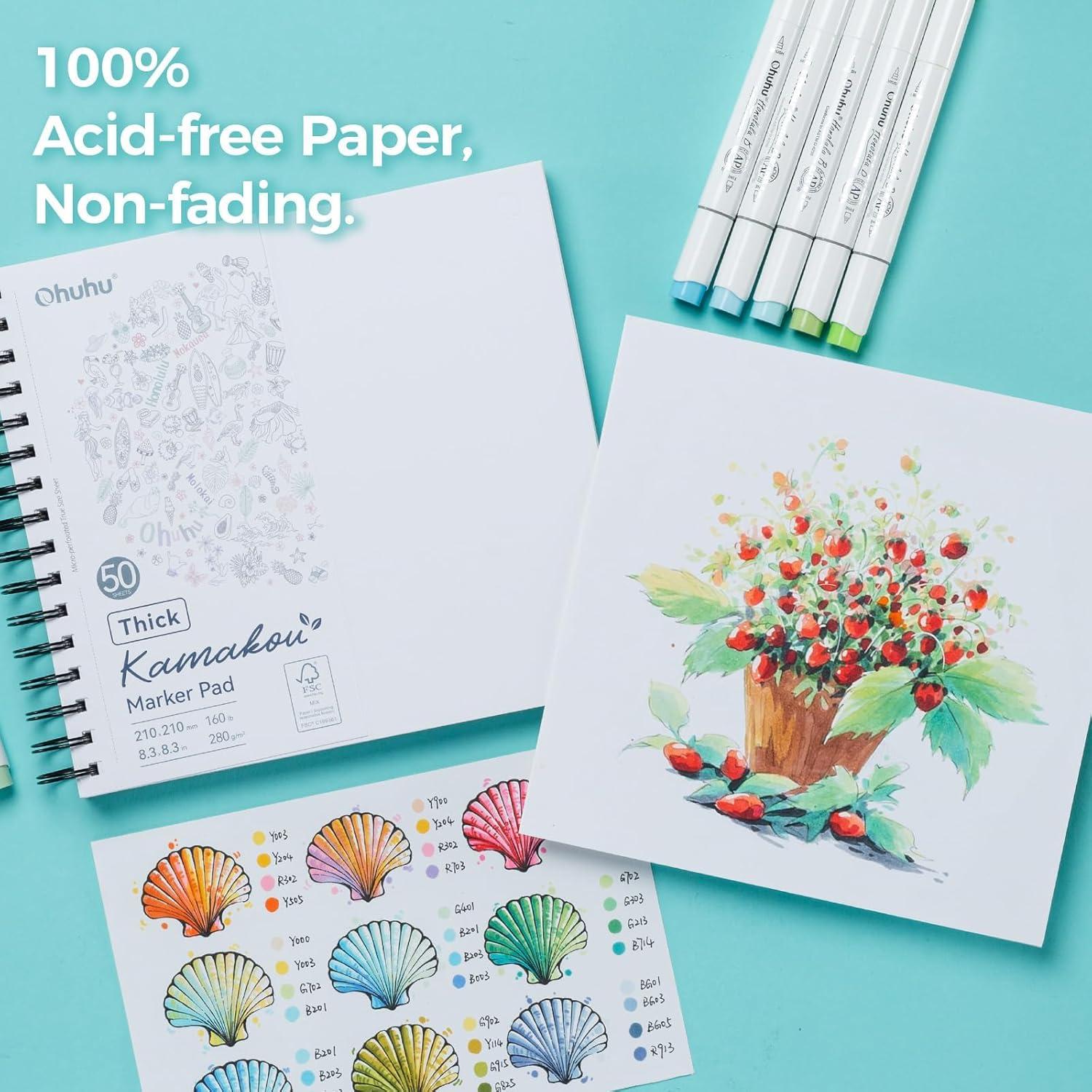 imageOhuhu DoubleSided Bleedproof Marker Pad 55x85 Small Paper Size 160 lb280 gsm Heavyweight Smooth Drawing Paper 50 Sheets100 Pages SpiralBound Sketchbook for Alcohol Markers83 x 83