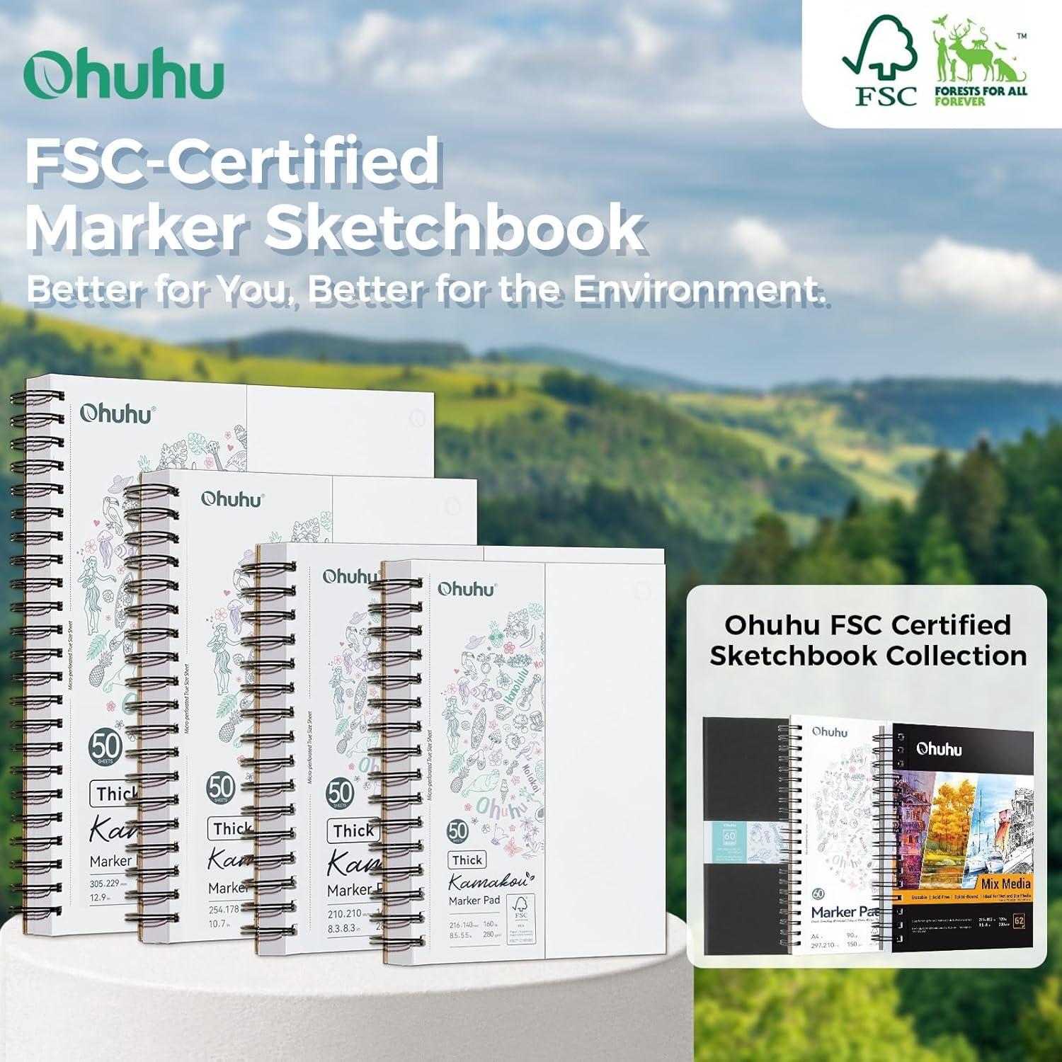 imageOhuhu DoubleSided Bleedproof Marker Pad 55x85 Small Paper Size 160 lb280 gsm Heavyweight Smooth Drawing Paper 50 Sheets100 Pages SpiralBound Sketchbook for Alcohol Markers83 x 83