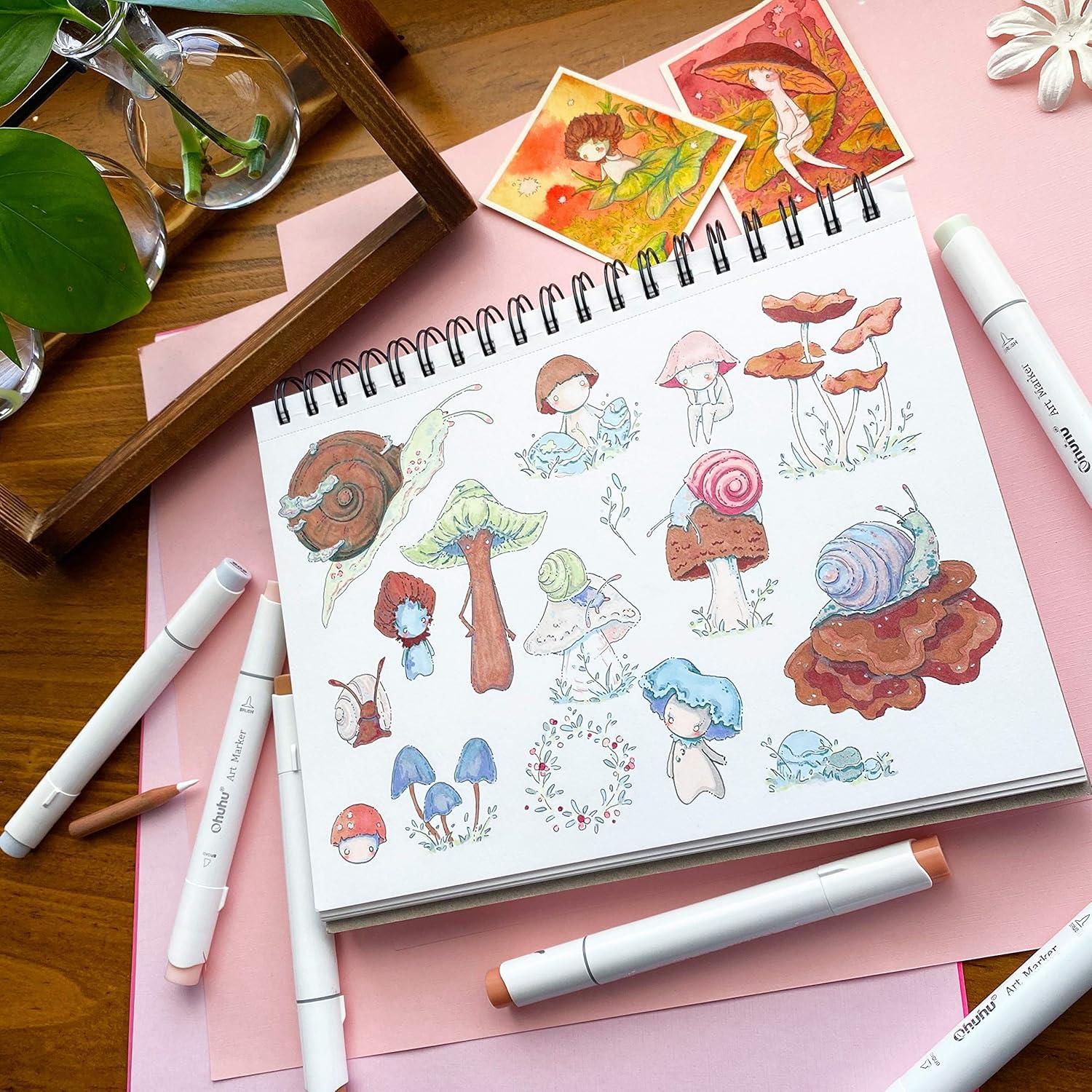 imageOhuhu Marker Pads Art Sketchbook 76x10 Large Paper Size 120 lb200 GSM Heavy Smooth Drawing Papers 60 Sheets120 Pages SpiralBound Sketch Book for Alcohol Markers Christmas Gift89 x 83