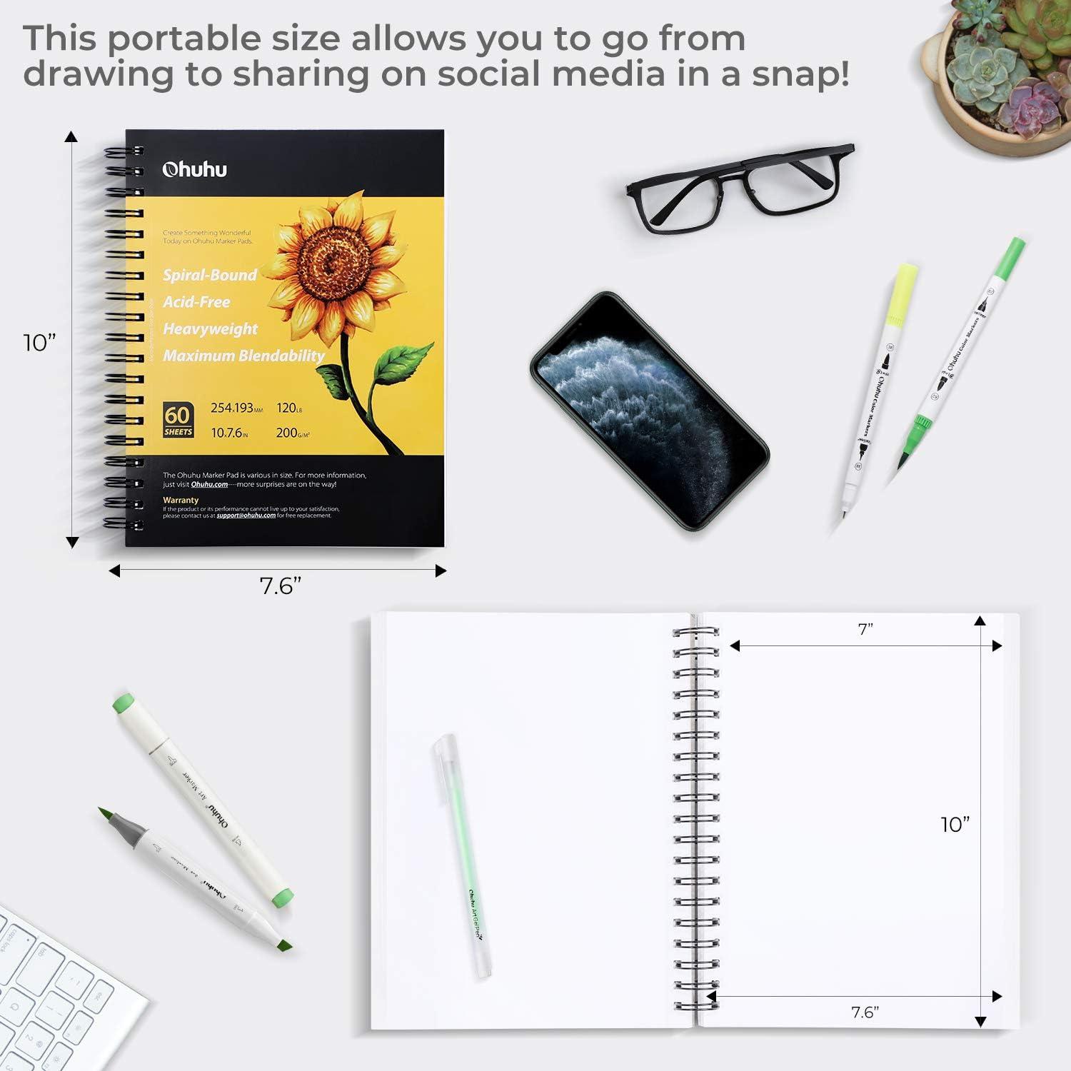 imageOhuhu Marker Pads Art Sketchbook 76x10 Large Paper Size 120 lb200 GSM Heavy Smooth Drawing Papers 60 Sheets120 Pages SpiralBound Sketch Book for Alcohol Markers Christmas Gift76 10