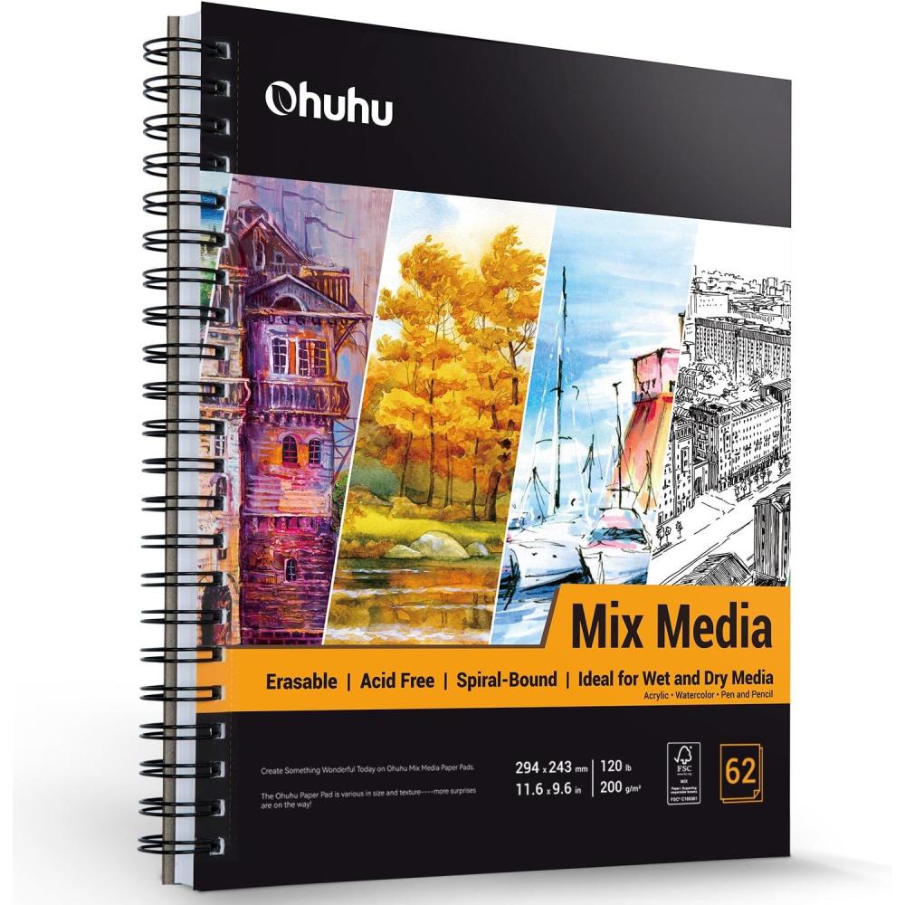 imageOhuhu Mix Media Pad 89x83 Mixed Media Art Sketchbook 120 lb200 GSM Heavyweight Papers 62 Sheets124 Pages Spiral Bound Mix Media Paper Pad for Acrylic Painting Christmas Gift11696 IN