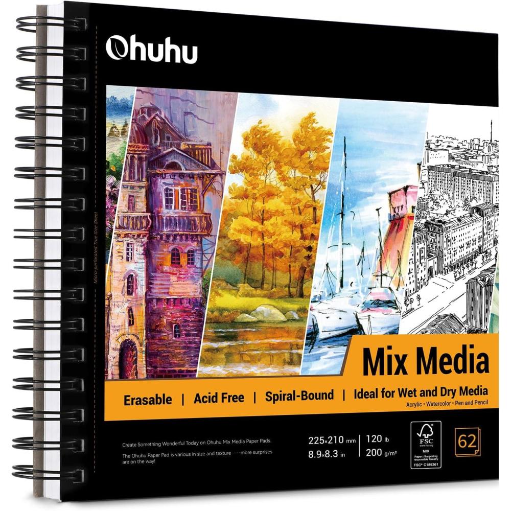 imageOhuhu Mix Media Pad 89x83 Mixed Media Art Sketchbook 120 lb200 GSM Heavyweight Papers 62 Sheets124 Pages Spiral Bound Mix Media Paper Pad for Acrylic Painting Christmas Gift8983 IN