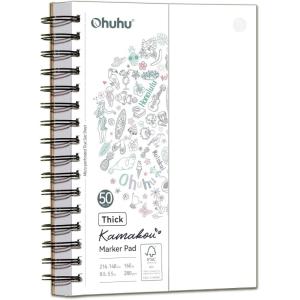 Ohuhu Double-Sided Bleedproof Marker Pad – 5.5″x8.5″ Small Paper Size – 160 lb/280 gsm Heavyweight Smooth Drawing Paper – 50 Sheets/100 Pages – Spiral-Bound Sketchbook for Alcohol Markers(5.5″ x 8.5″)