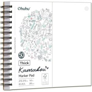 Ohuhu Double-Sided Bleedproof Marker Pad – 5.5″x8.5″ Small Paper Size – 160 lb/280 gsm Heavyweight Smooth Drawing Paper – 50 Sheets/100 Pages – Spiral-Bound Sketchbook for Alcohol Markers(8.3″ x 8.3″)