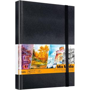 Ohuhu Mix Media Pad – 10″x7.4″ Mixed Media Art Sketchbook, 120 lb/200 gsm Heavyweight Papers, 78 Sheets/156 Pages, PU Hardcover Mixed Media Paper Pad for Acrylic Painting Christmas Gift(10×7.4 IN)