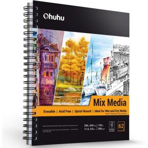 Ohuhu Mix Media Pad, 8.9″x8.3″ Mixed Media Art Sketchbook, 120 lb/200 GSM Heavyweight Papers, 62 Sheets/124 Pages, Spiral Bound Mix Media Paper Pad for Acrylic, Painting, Christmas Gift(11.6×9.6 IN)