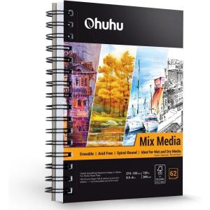Ohuhu Mix Media Pad, 8.9″x8.3″ Mixed Media Art Sketchbook, 120 lb/200 GSM Heavyweight Papers, 62 Sheets/124 Pages, Spiral Bound Mix Media Paper Pad for Acrylic, Painting, Christmas Gift(8.5×6 IN)