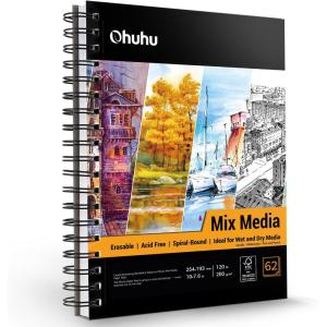 Ohuhu Mix Media Pad, 8.9″x8.3″ Mixed Media Art Sketchbook, 120 lb/200 GSM Heavyweight Papers, 62 Sheets/124 Pages, Spiral Bound Mix Media Paper Pad for Acrylic, Painting, Christmas Gift(10×7.6IN)